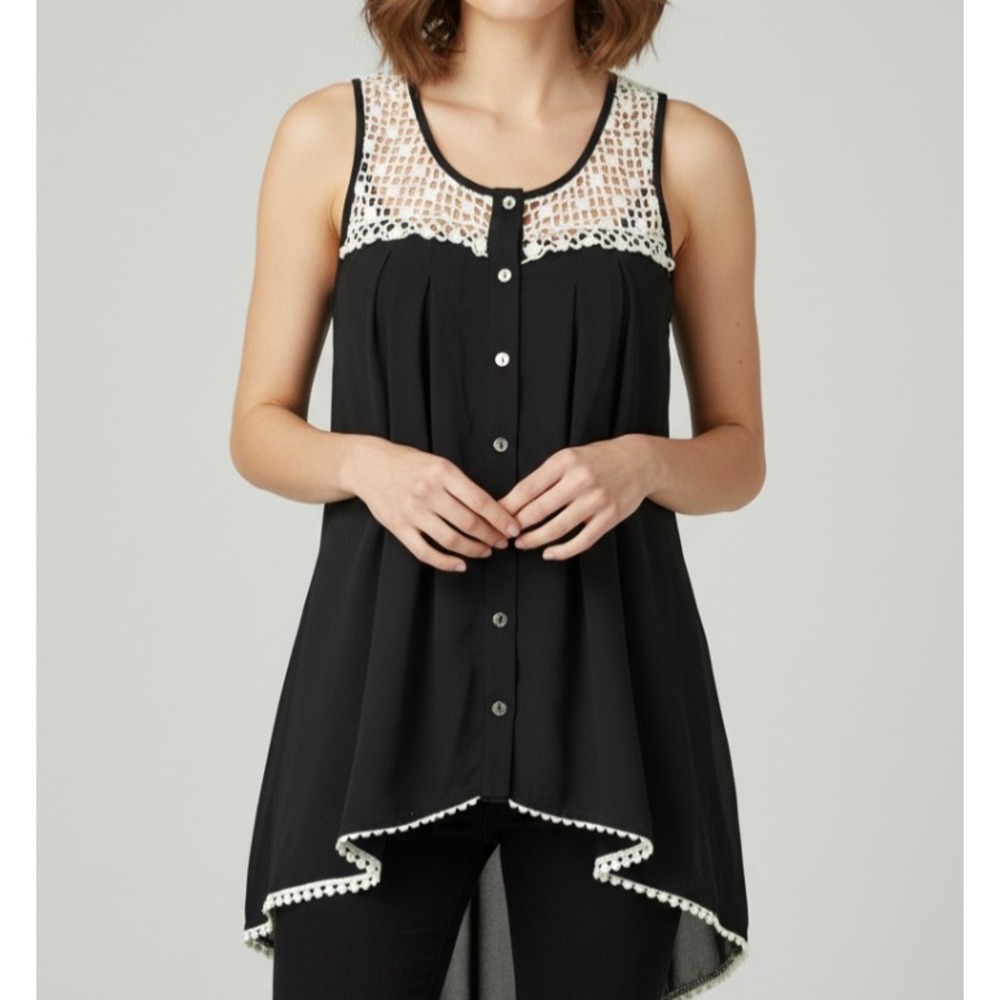 MONTEAU Black CREPE GEORGETTE Lace Eyelets PLEATED Button-Up SWING TANK TOP Sz S